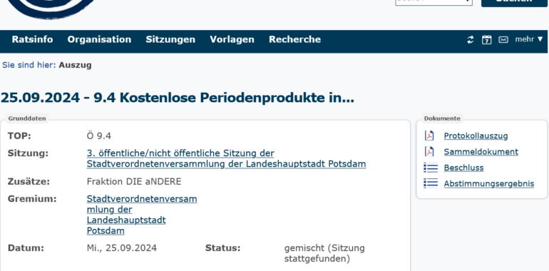 25.09.24 Landeshauptstadt Potsdam erhält kostenlose Menstruationsprodukte